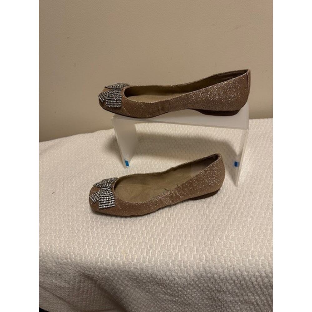 Jessica Simpson Gold Glitter Square Toe Flats Rhinestone Bow Bling Party Sz 6M